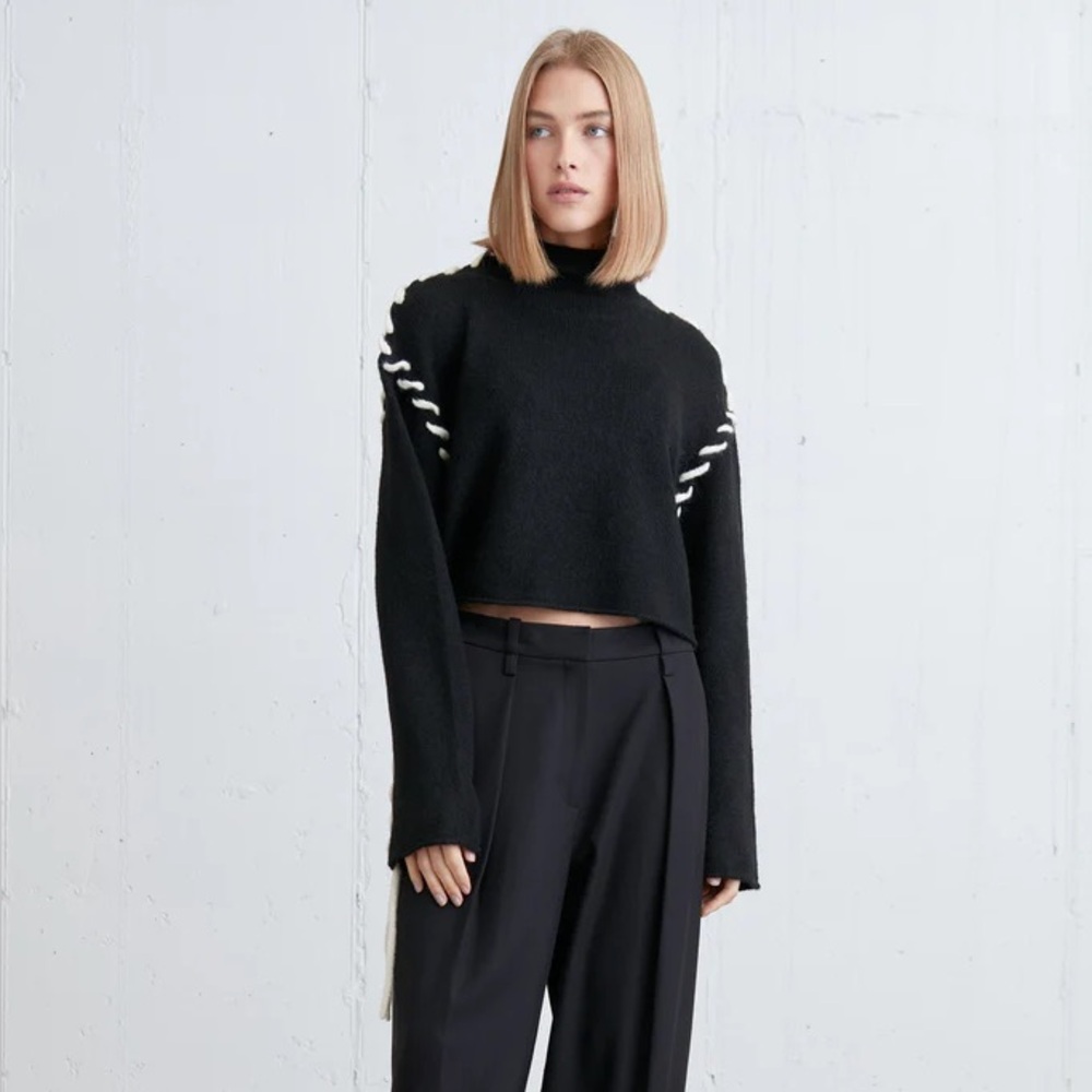 {{OAK + FORT}} Black Sweater with Cream Stitch Seams